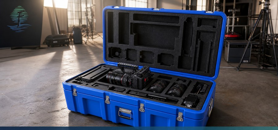 Camera and lens layout in a foam-lined case, illustrative scene