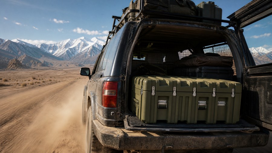 Protective case during vehicle transport, illustrative scene