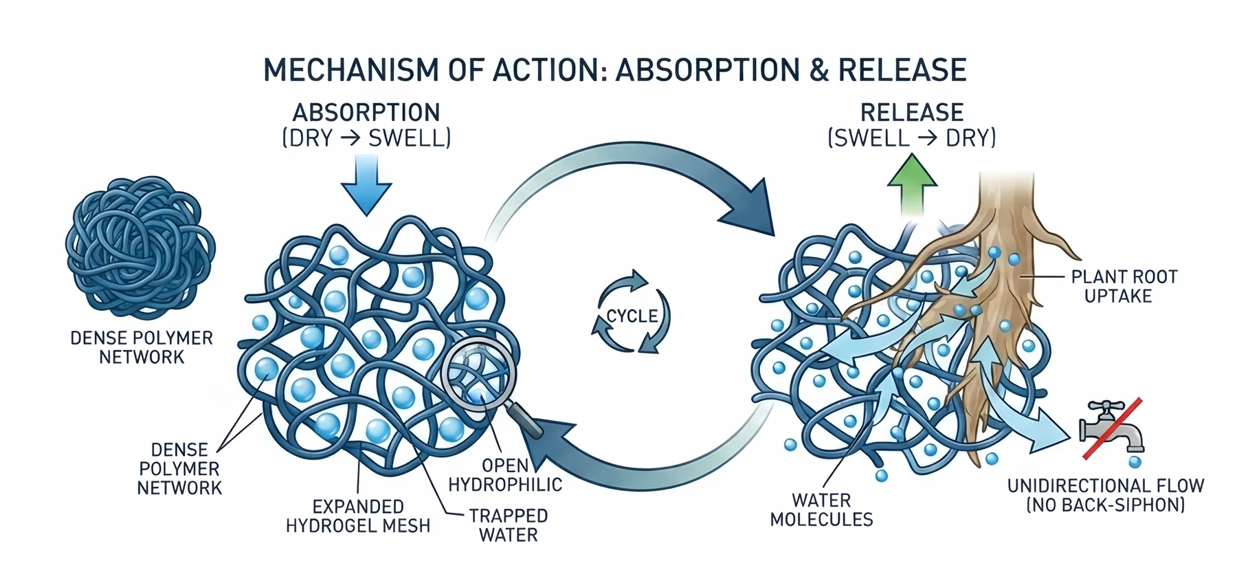 General SAP absorption, swelling and water release illustration