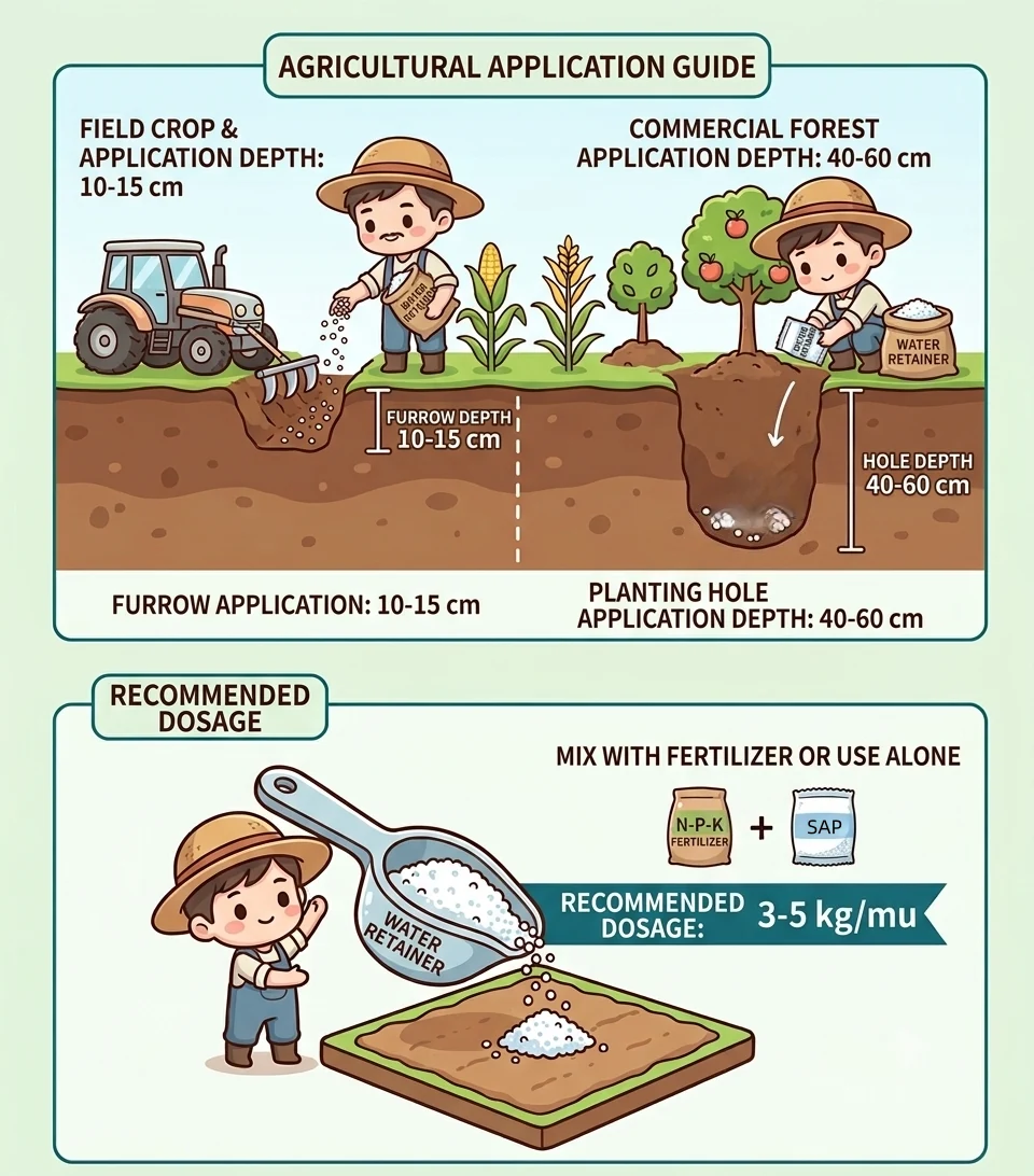 Illustrative agricultural SAP placement, depth and dosage