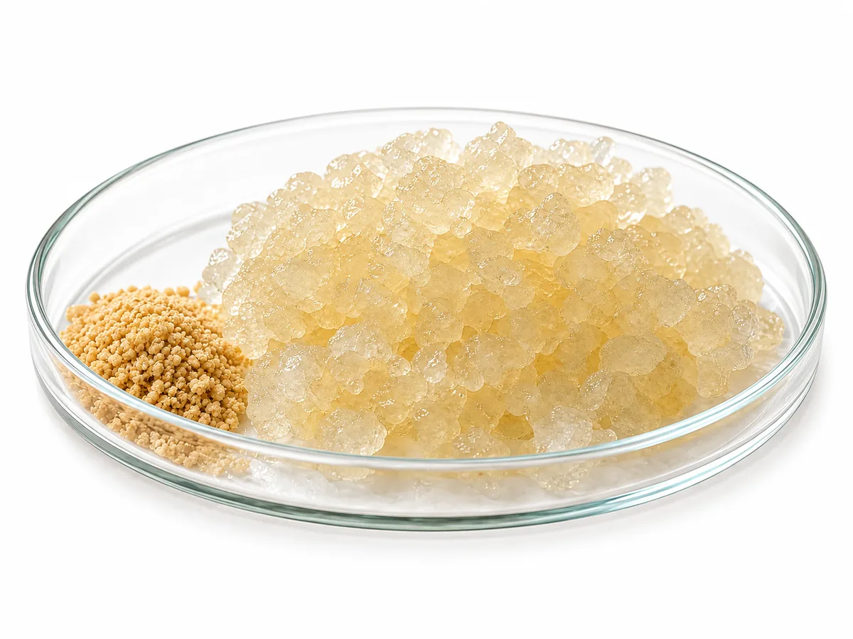 Angled dish showing dry and hydrated material