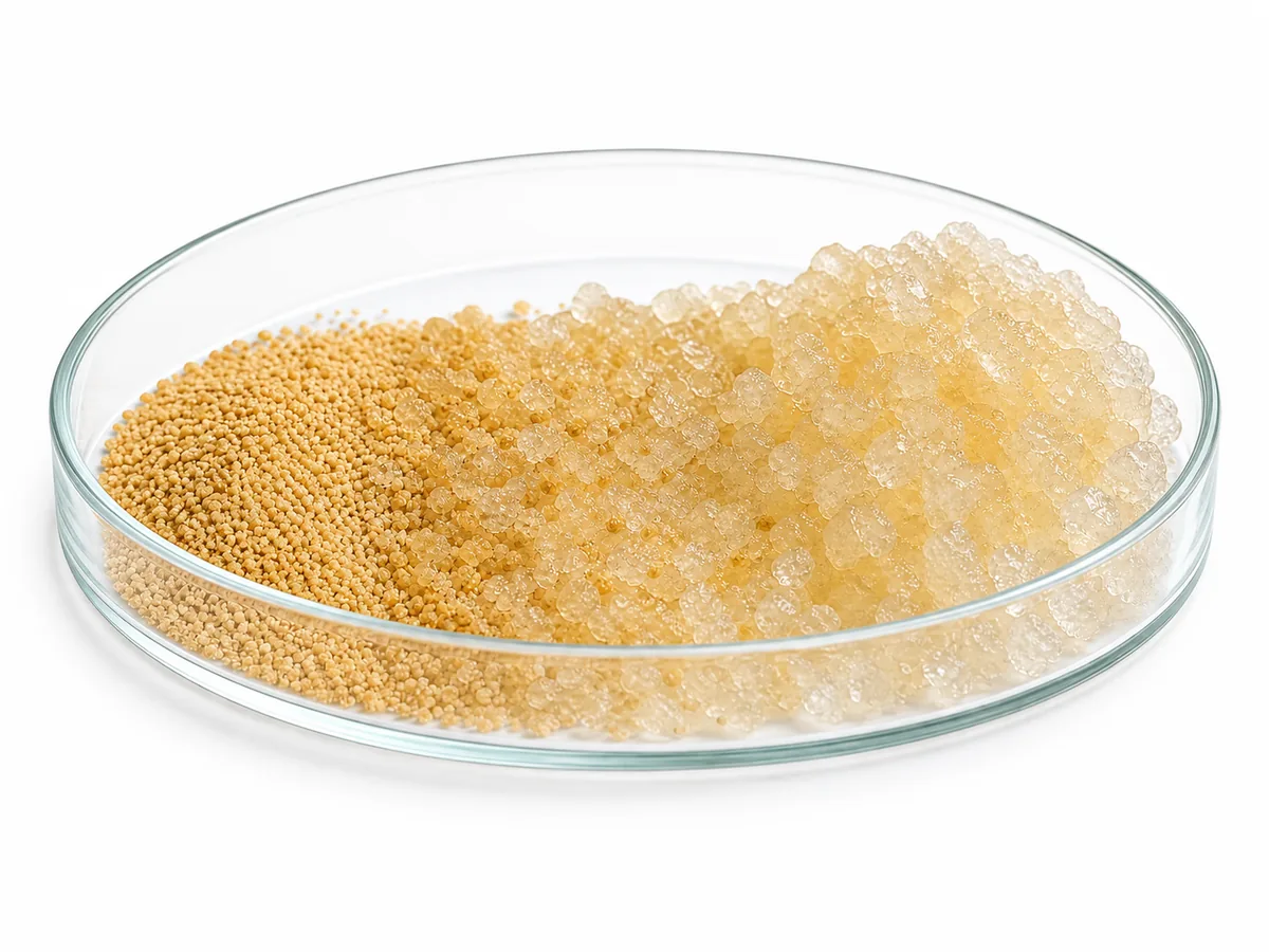 Angled dish showing granules and gel