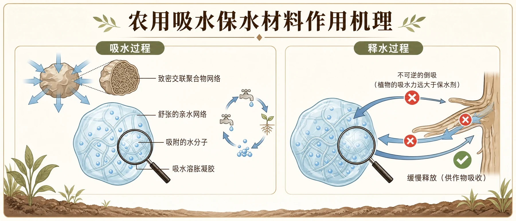 SAP吸水与释水全过程原理图，展示吸水、膨胀成胶及释水环节