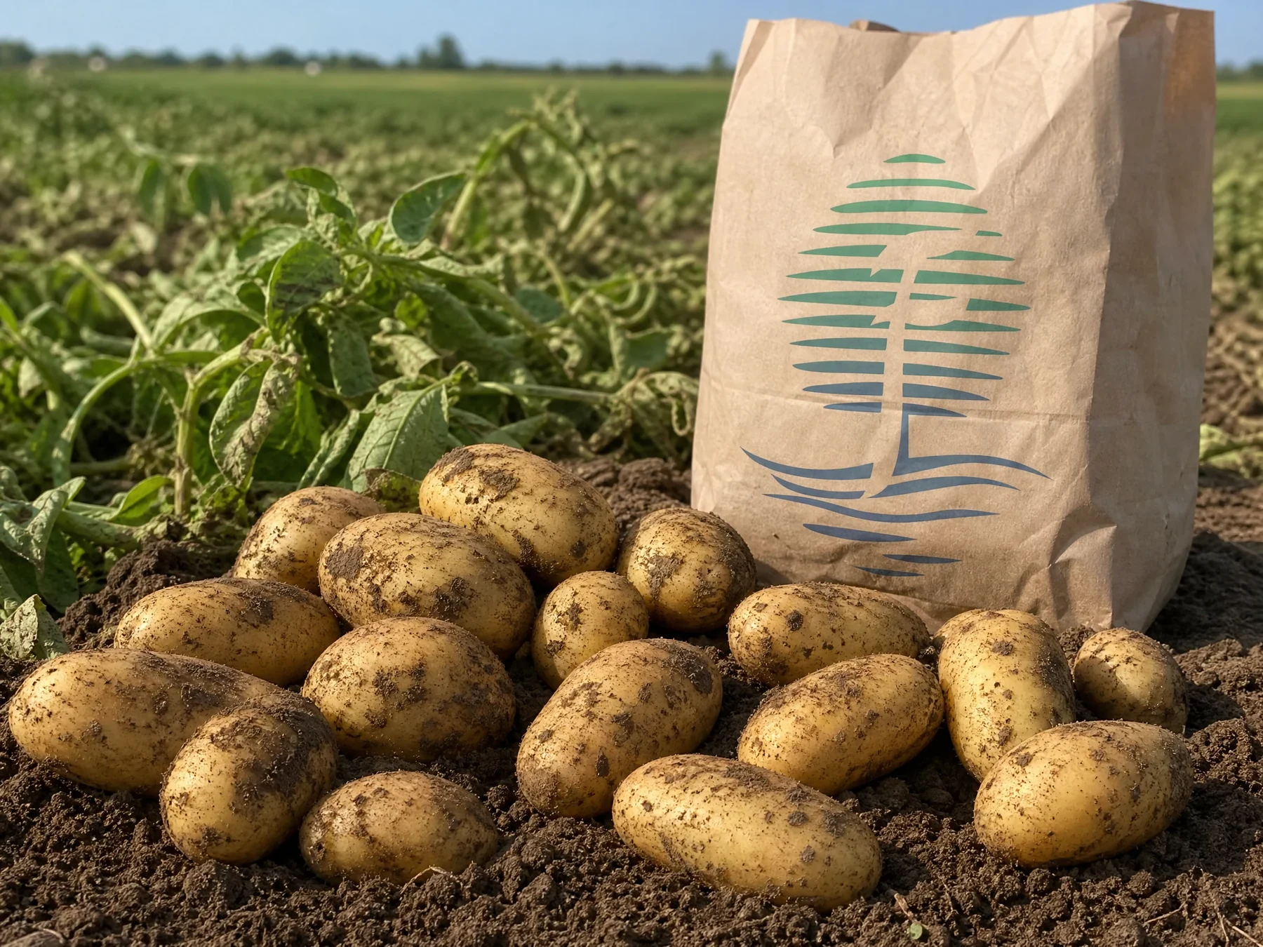 Illustrative potato growing and product packaging scene