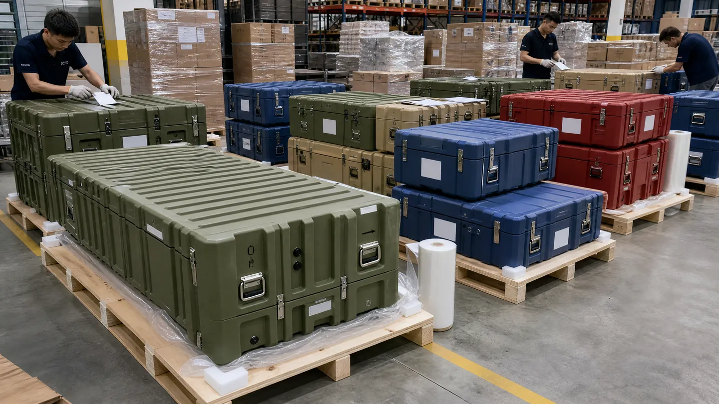 Illustrative protective cases on warehouse pallets