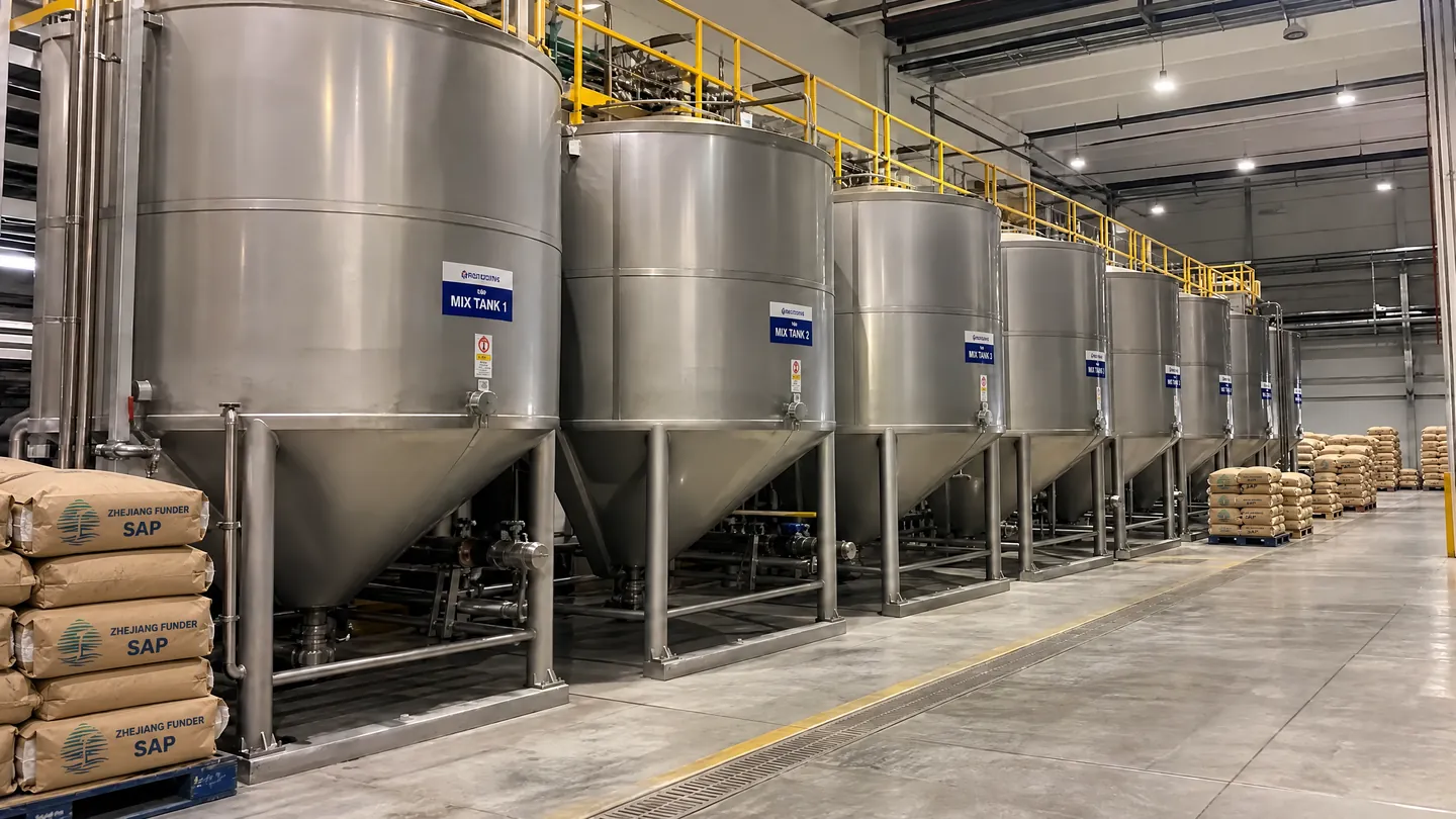 Illustrative mixing tanks and SAP packaging