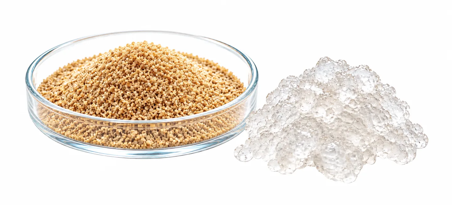 Dry SAP granules and hydrated gel illustration